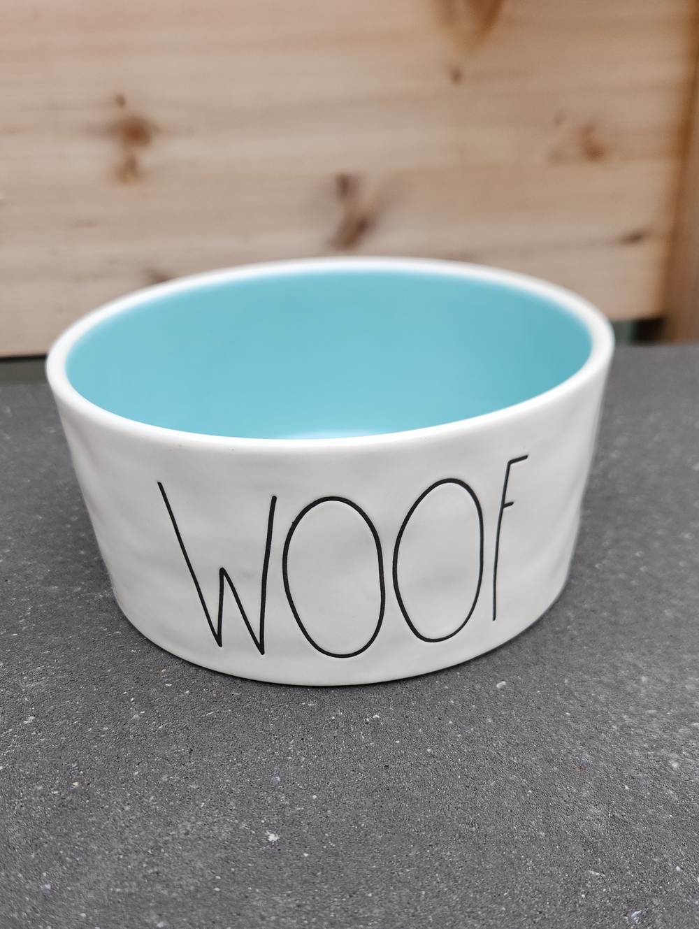 EUC Rae Dunn 'WOOF' Ceramic Dog Bowl in White with Turquoise Interior